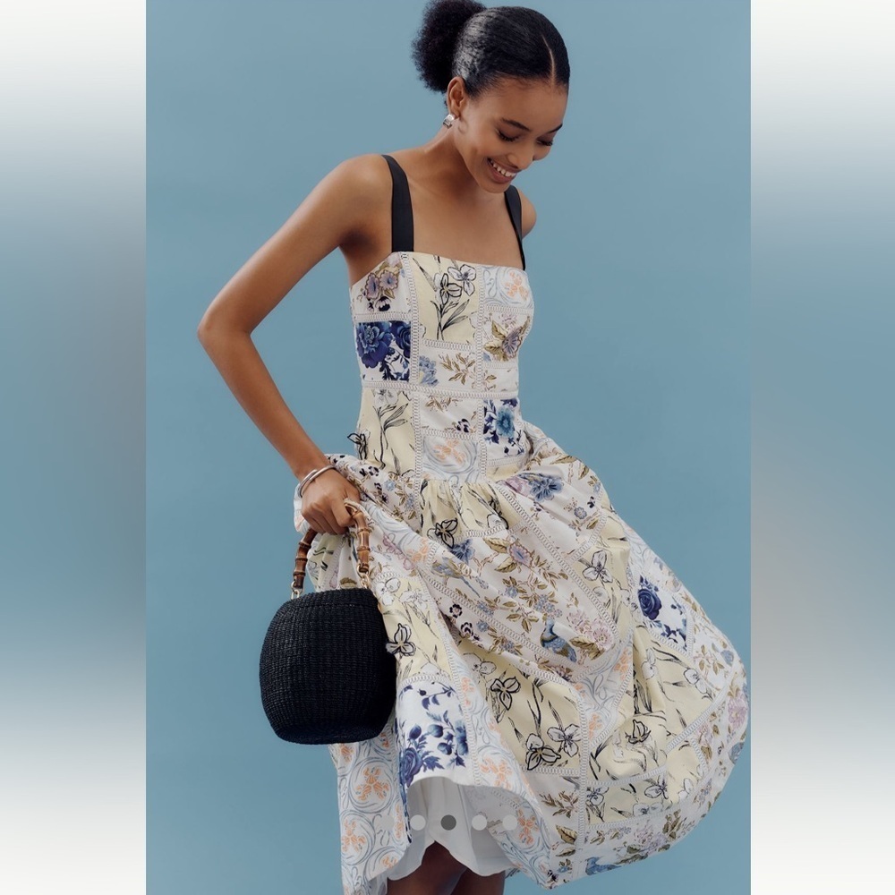 🎉SUPER RARE🎉 Anthropologie NWT Maeve 3D Cotton Square-Neck Tile Printed Dress S - Picture 2 of 13